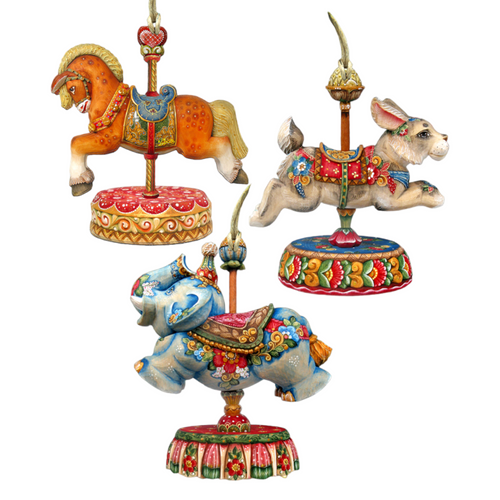 Set of 3 Adorable Carousels Wooden Christmas Ornaments 5.5" Christmas